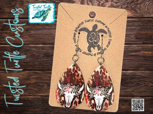 Teardrop Flowered Skull Western Earrings