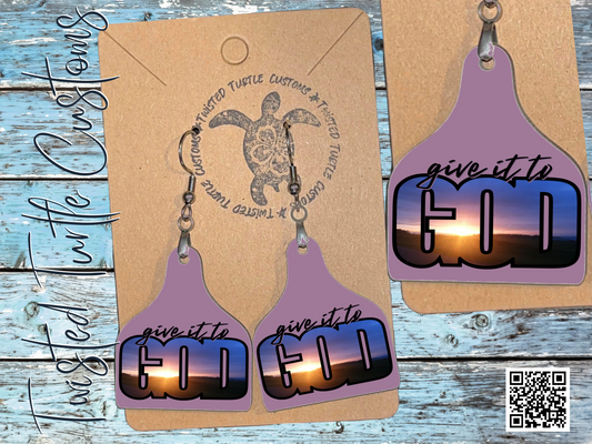 Lavender Give it to God Sunrise Photograph Cow Tag Earrings