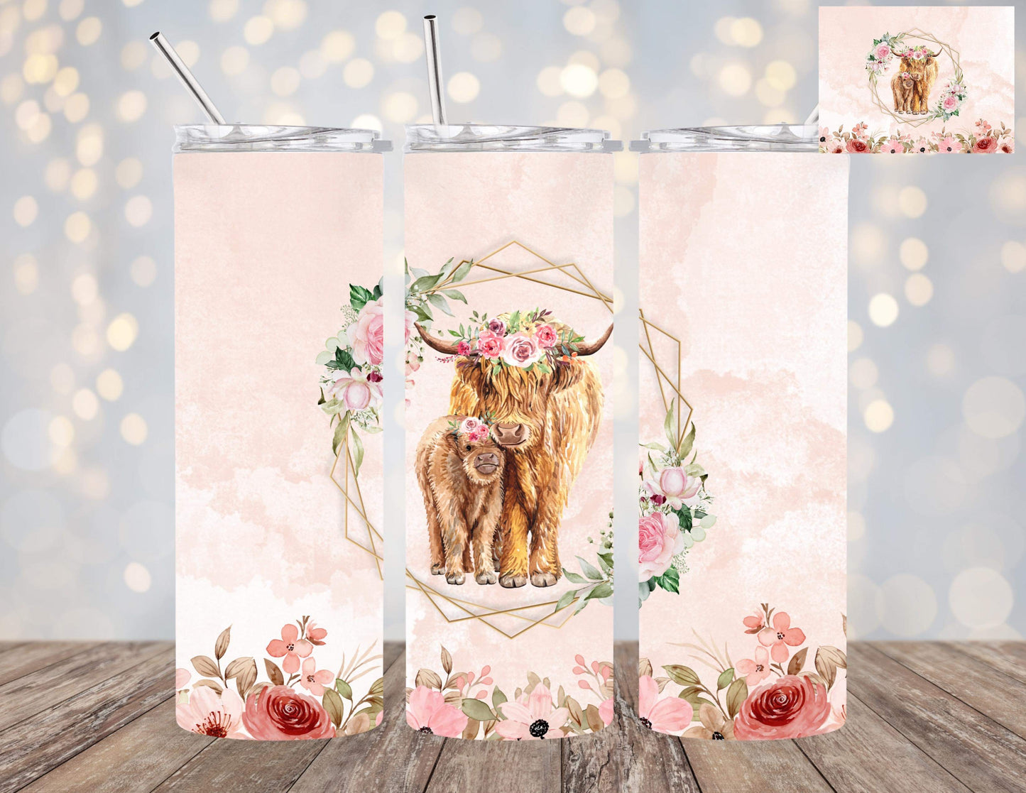 Mama Highland with Baby 20oz Tumbler with Floral Watercolor Back drop