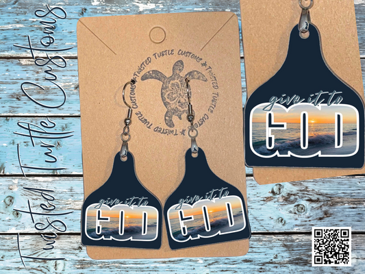 Dark Blue Give it to God Sunrise Photograph Cow Tag Earrings